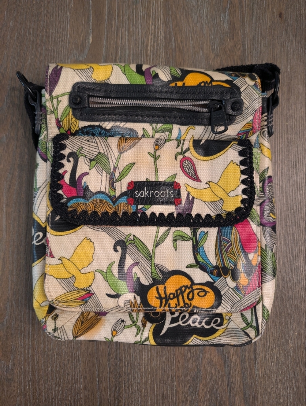 Sakroots Cream Crossbody with Multicolor Floral & Bird Motif